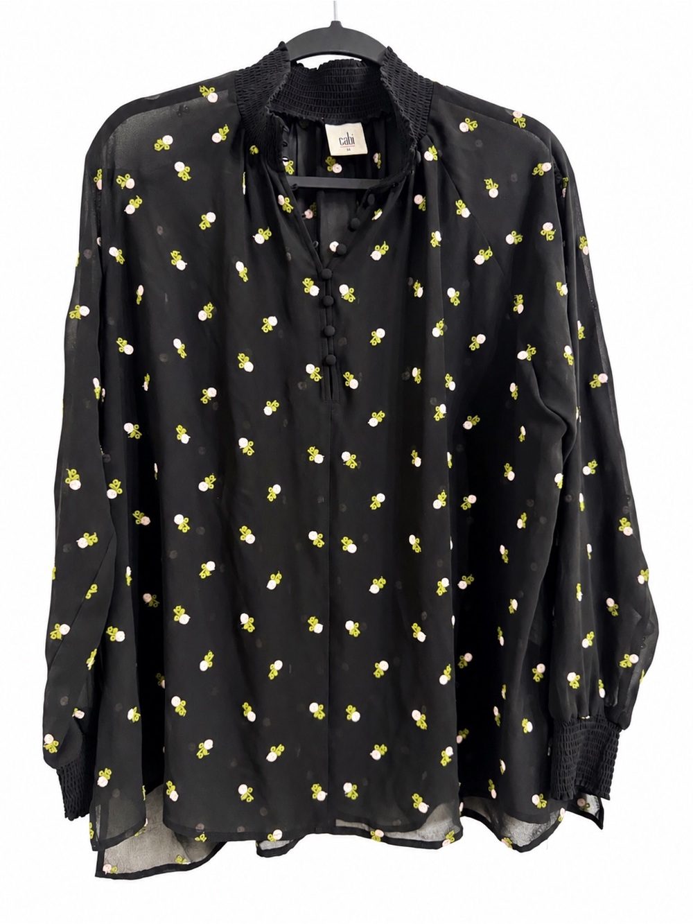 Cabi Women's Black Embroidered Floral Dainty Sheer Blouse Smocked Button Down M